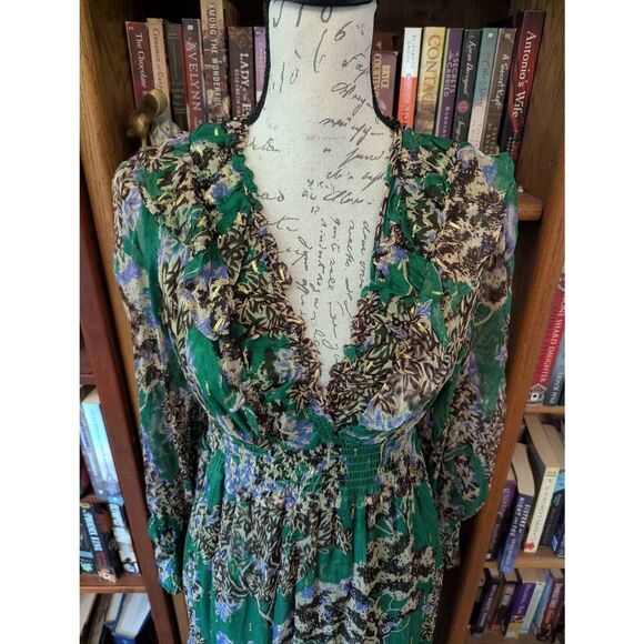 Anthropologie Women's Size Small The Odette Green Floral Tiered Maxi Dress - Picture 1 of 8